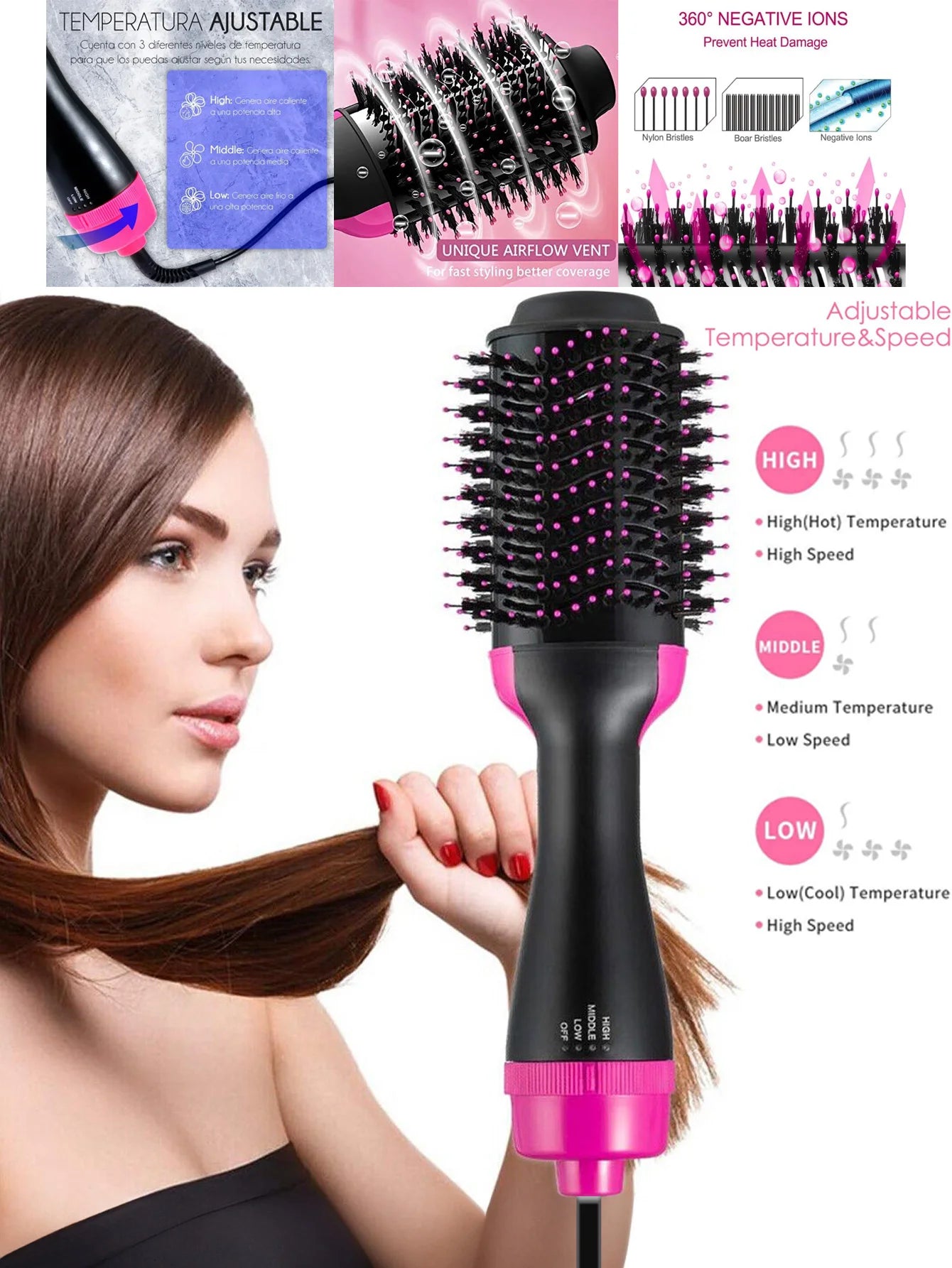 Secador de Cabello y Cepillo Alisador Multifuncional